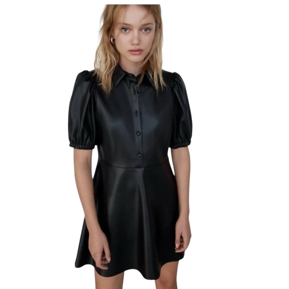 Zara Black Faux Leather‎ Puff Sleeve Collared Button Up Fit Flare Dress XS